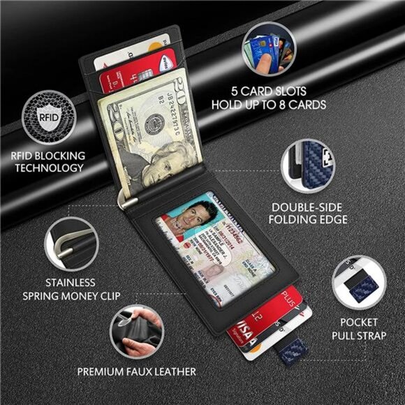 Slim Card Holder Wallet for Men with Money Clip (Carbon Fiber & Blue) - Picture 6 of 6